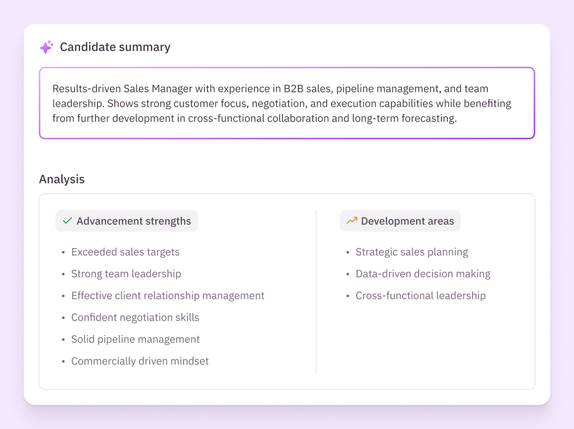 Candidate summary card followed by Advancement strengths and Development areas analysis