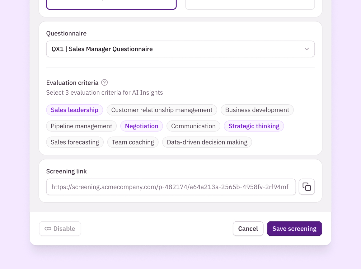 Screening configuration showing a questionnaire and 3 locked evaluation criteria out of 10 job attributes