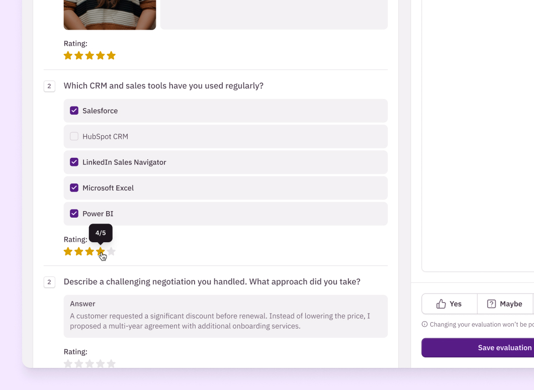 Evaluate candidates modal showing per-question 1-5 star ratings with no AI Insights tab