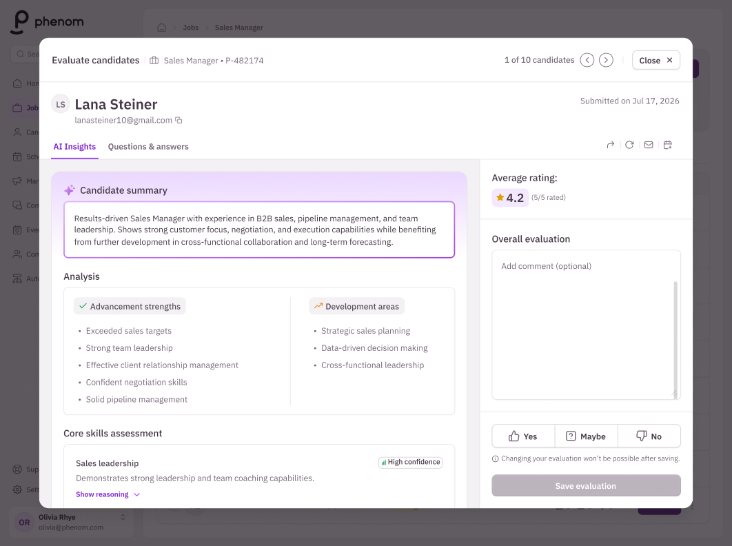 Balanced evaluation version showing candidate summary, advancement/development analysis, core skills confidence, and job requirements