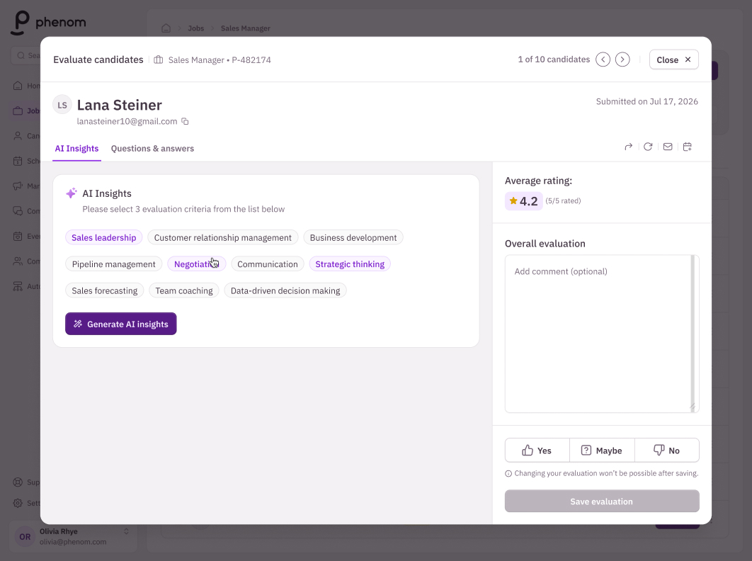 Version where the evaluator picks 3 of 10 criteria and generates AI insights on demand