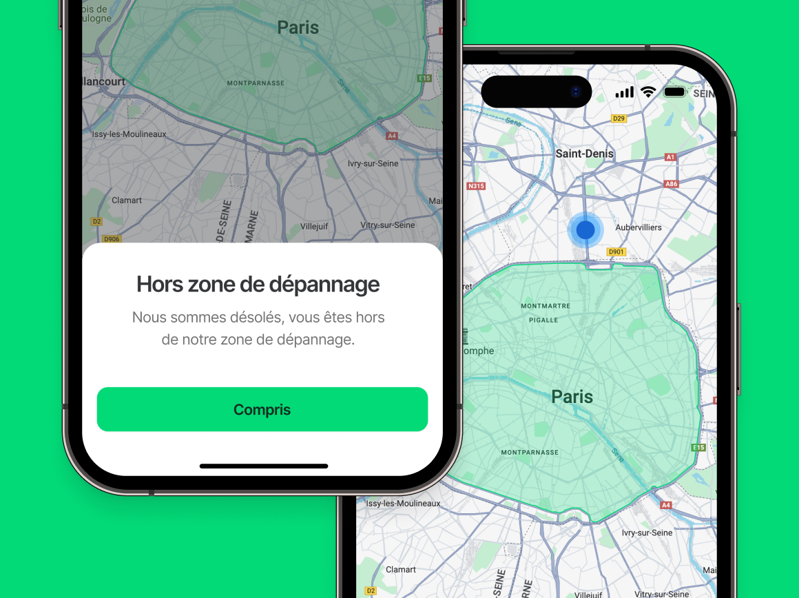 Out-of-zone notice shown to a rider outside the repair radius, next to a map of the geofenced Paris coverage area