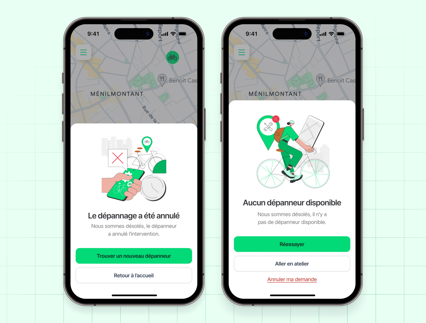 Rider error states: mechanic cancelled the repair, and no mechanic available with options to retry, go to a workshop, or cancel the request