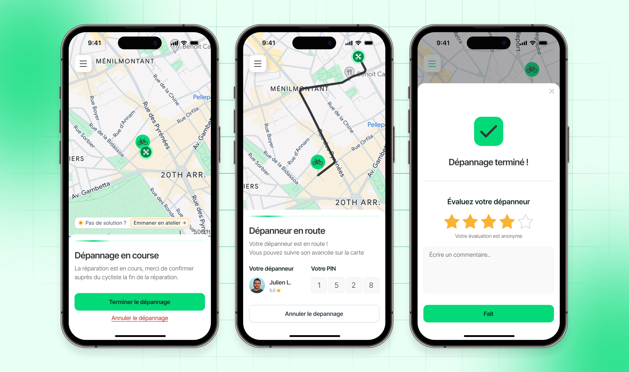 The core loop: searching for a mechanic, tracking them en route with a PIN, and rating the completed repair