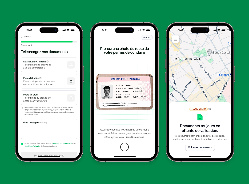 Mechanic onboarding: document upload step, driving licence photo capture, and documents pending validation