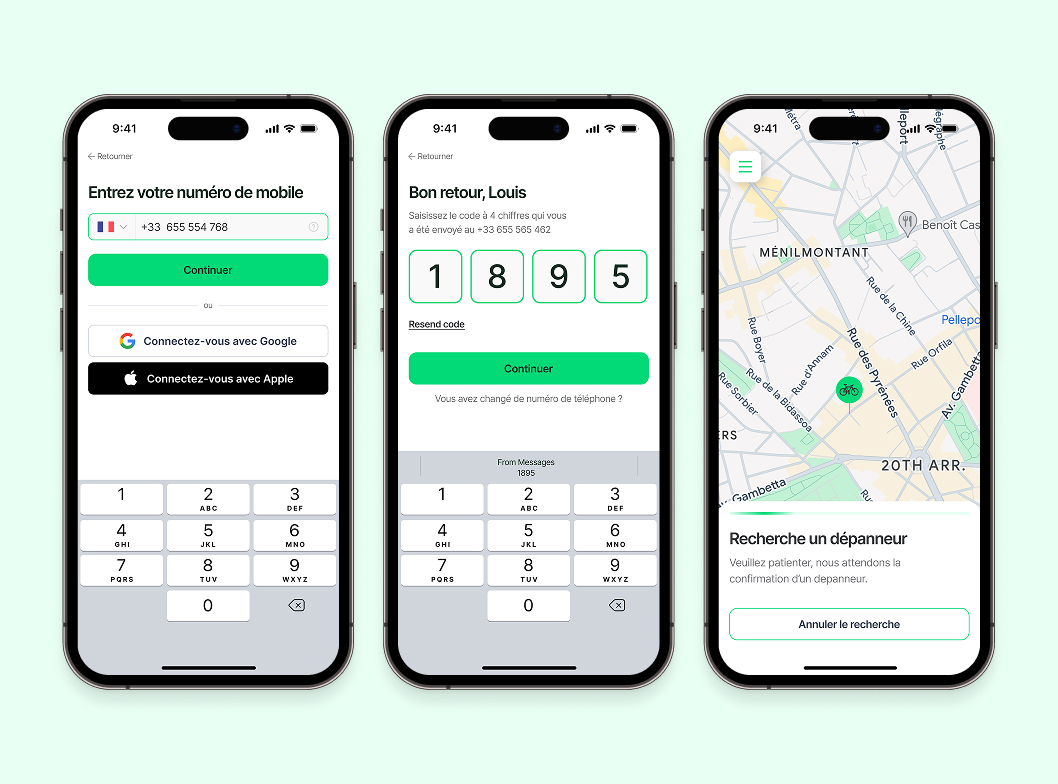 Rider onboarding: phone number entry, SMS code confirmation, and searching for a mechanic on the map