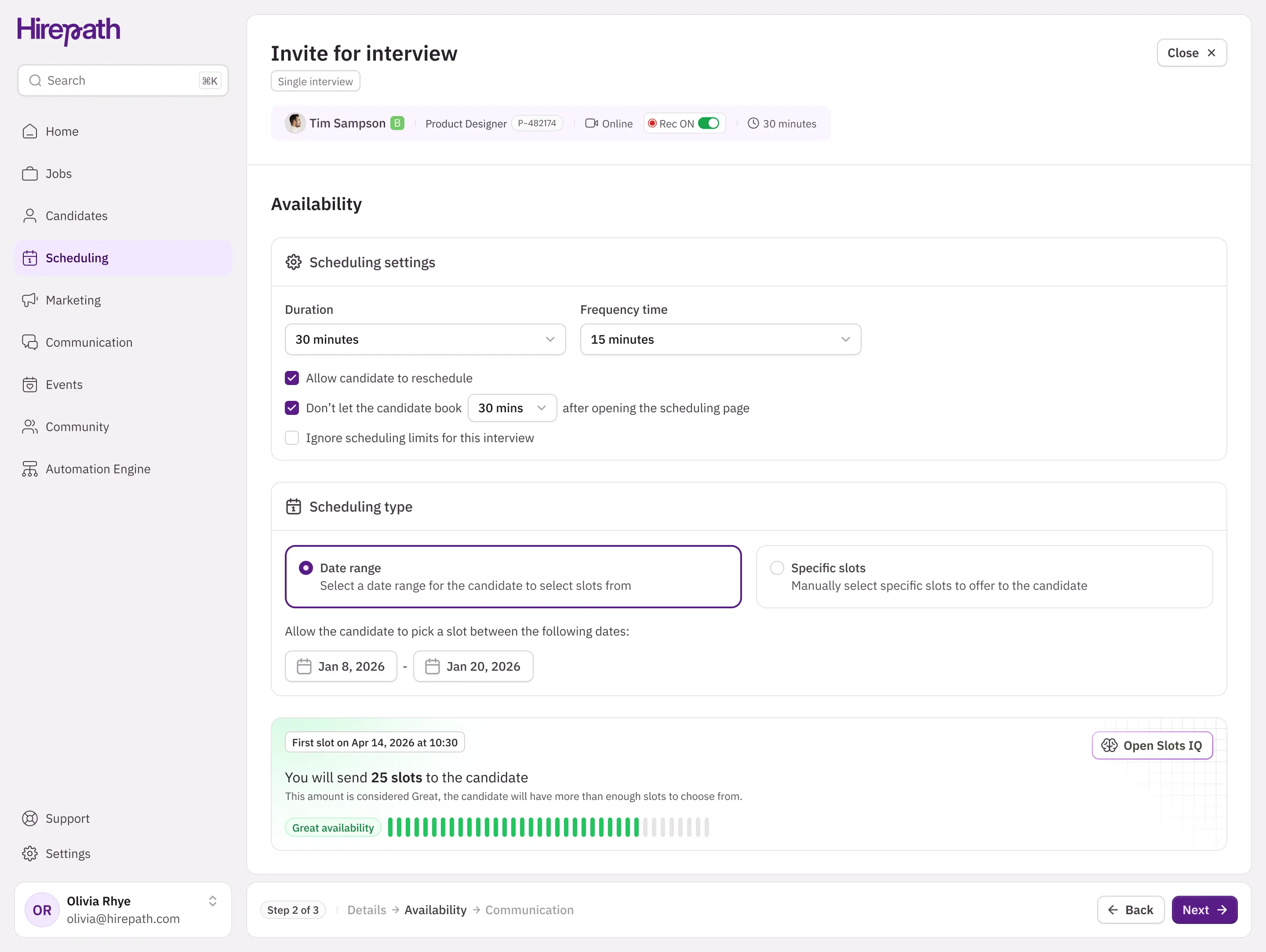 Banner prototype showing available slot count and availability level after configuring interview availability