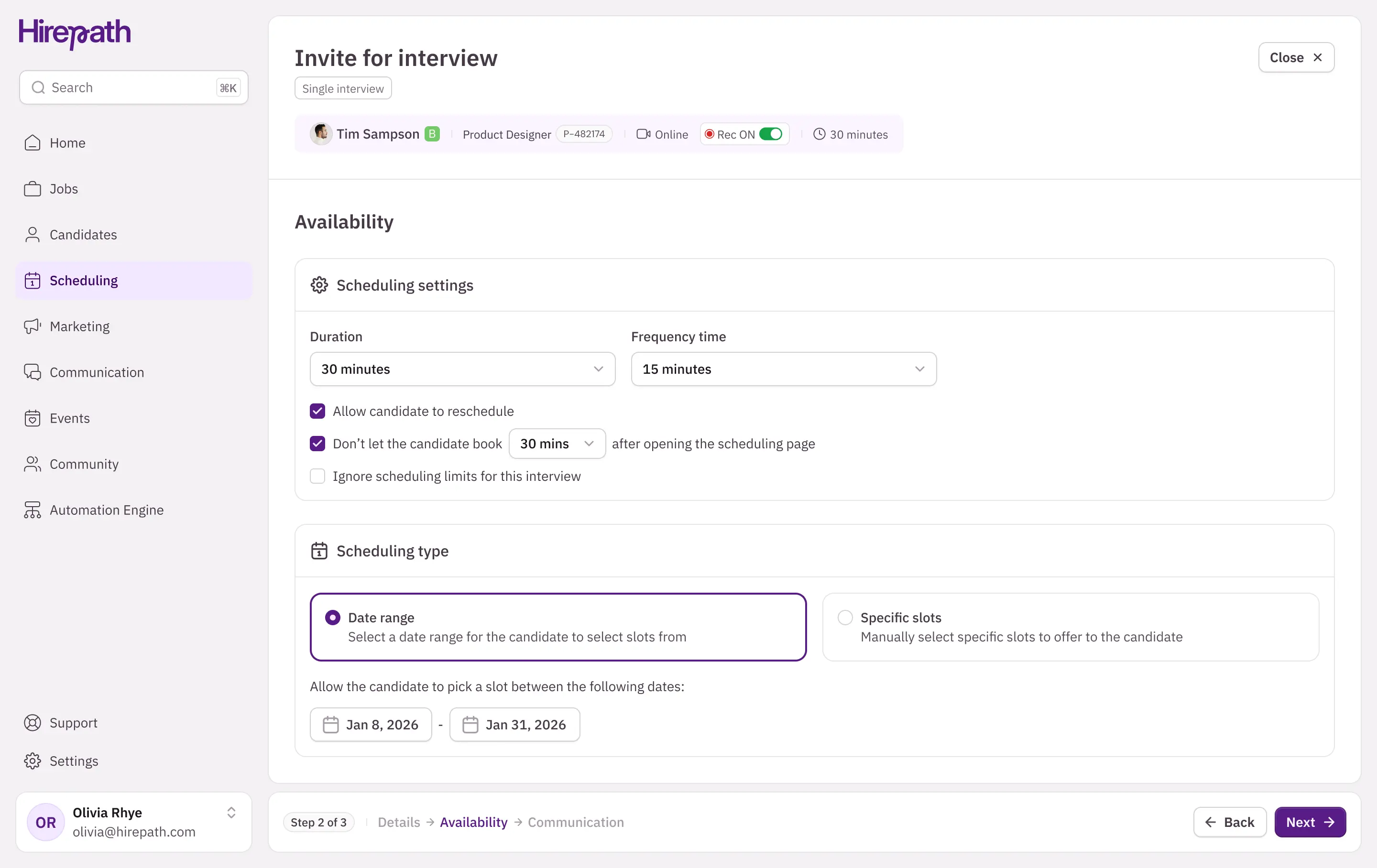 Invite for interview scheduling screen showing availability settings before the invite is sent
