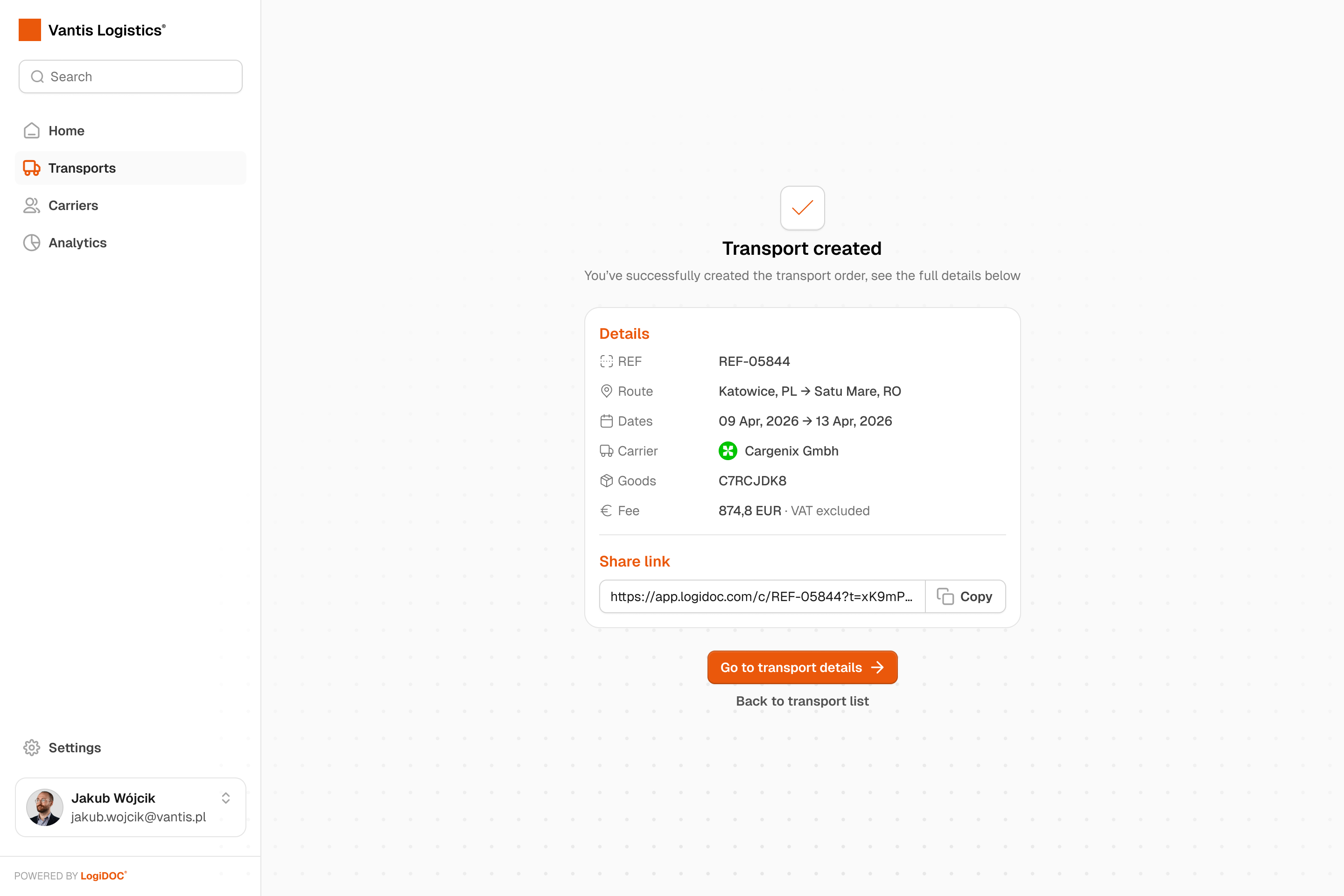 Transport created confirmation screen showing transport details and a shareable link with a copy button