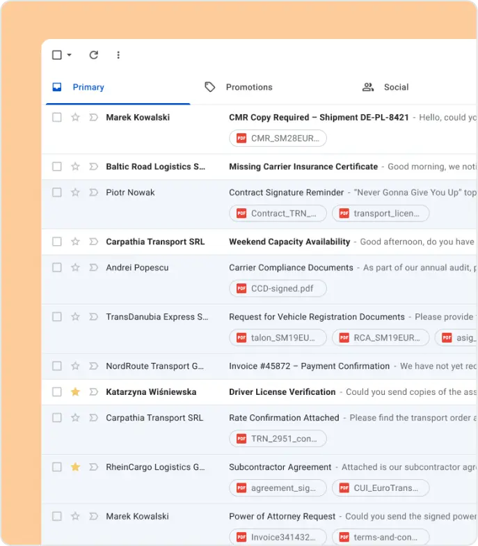 Email inbox with scattered messages from carriers requesting or attaching CMRs, invoices, and compliance documents
