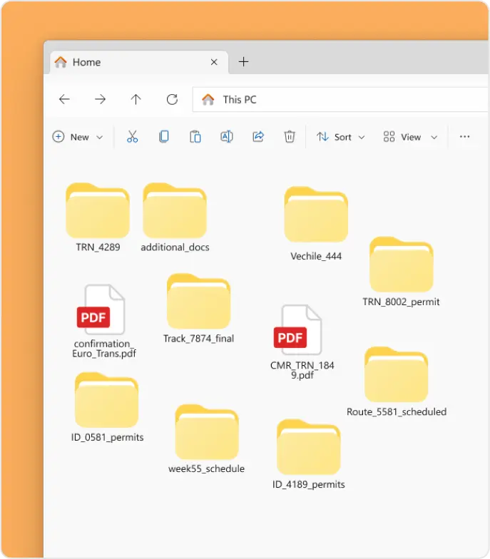 Local file explorer window with loosely named folders and PDFs for transport documents