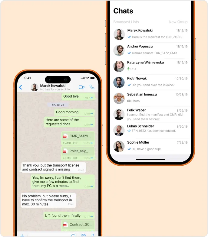 WhatsApp chat thread showing a carrier sending transport documents like CMR and contract PDFs