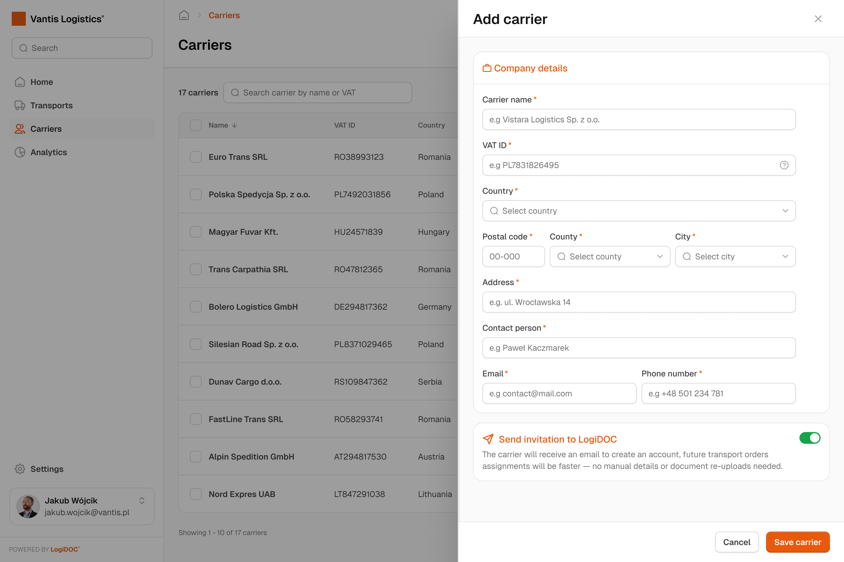 Add carrier form showing company details, contact person, and an option to send a LogiDOC invitation