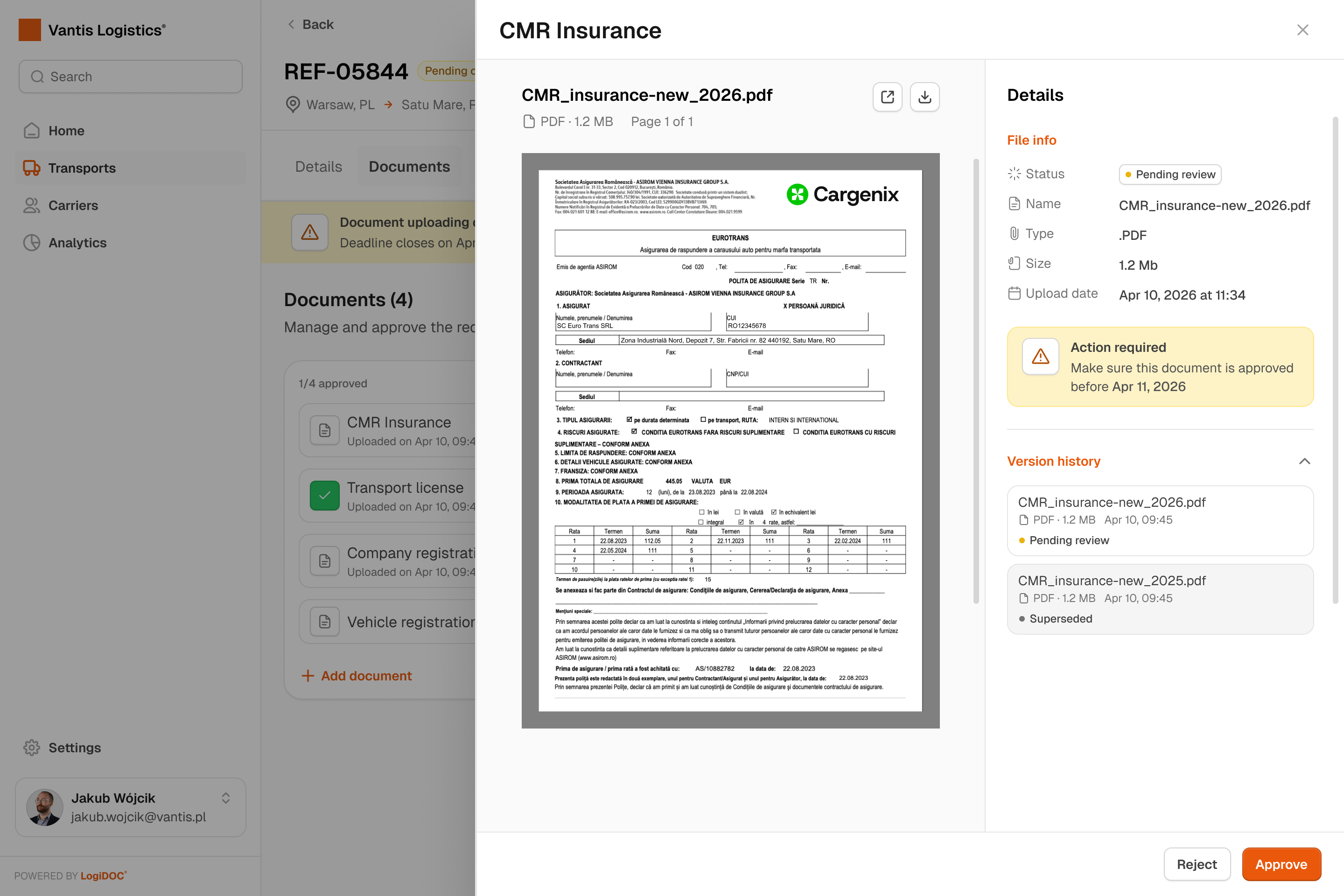CMR Insurance document review panel showing the uploaded PDF, file details, pending review status, and version history