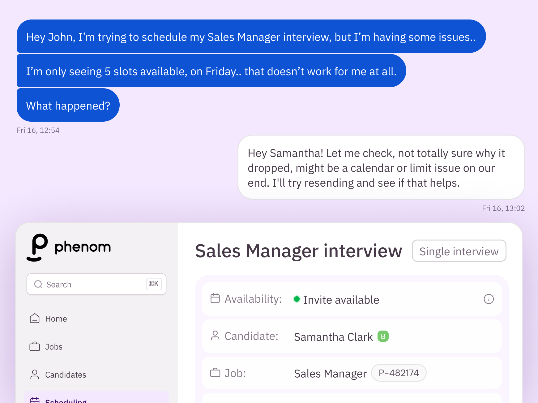 Chat conversation about missing interview slots next to the Sales Manager interview scheduling screen