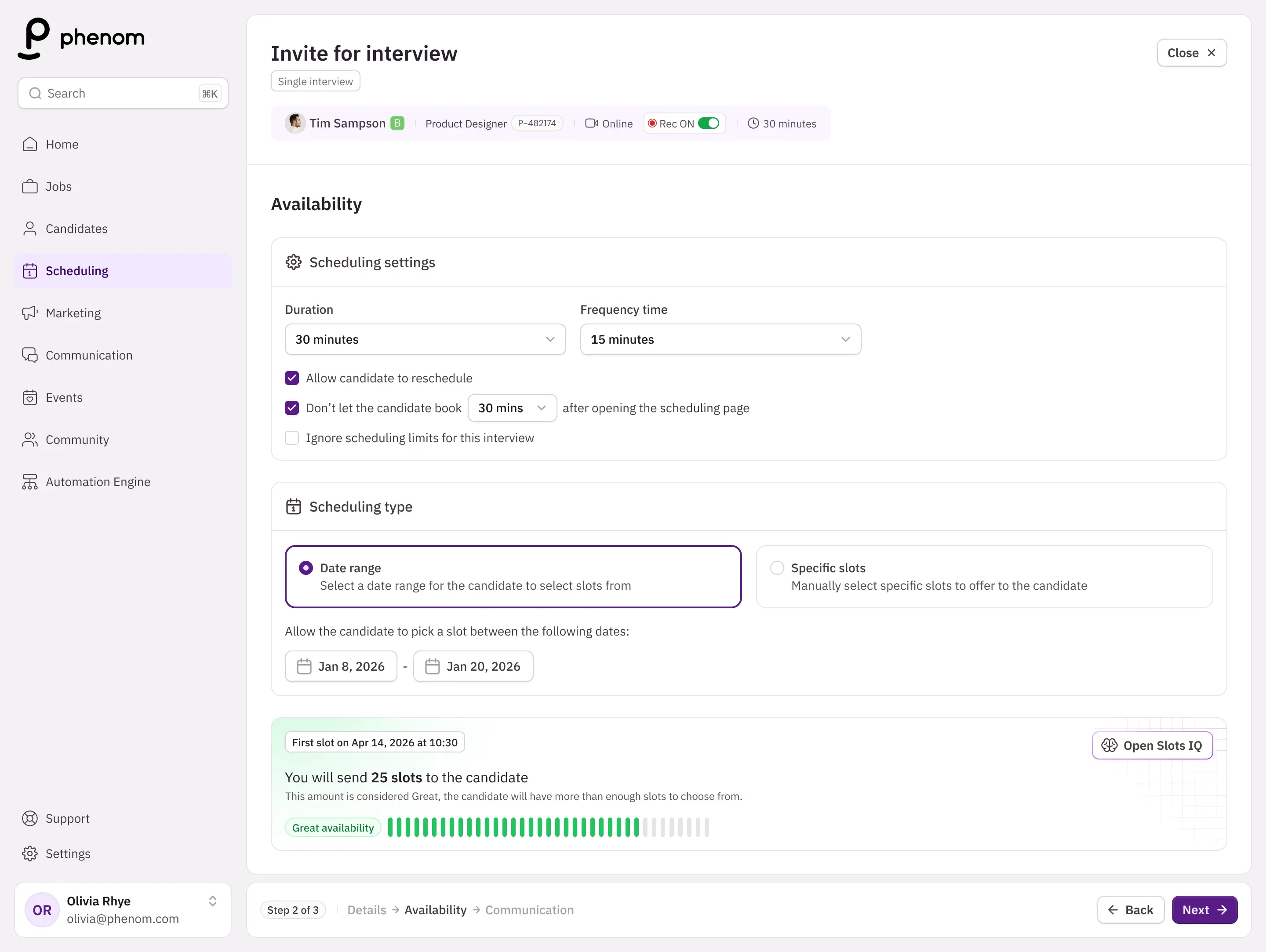 Banner prototype showing available slot count and availability level after configuring interview availability