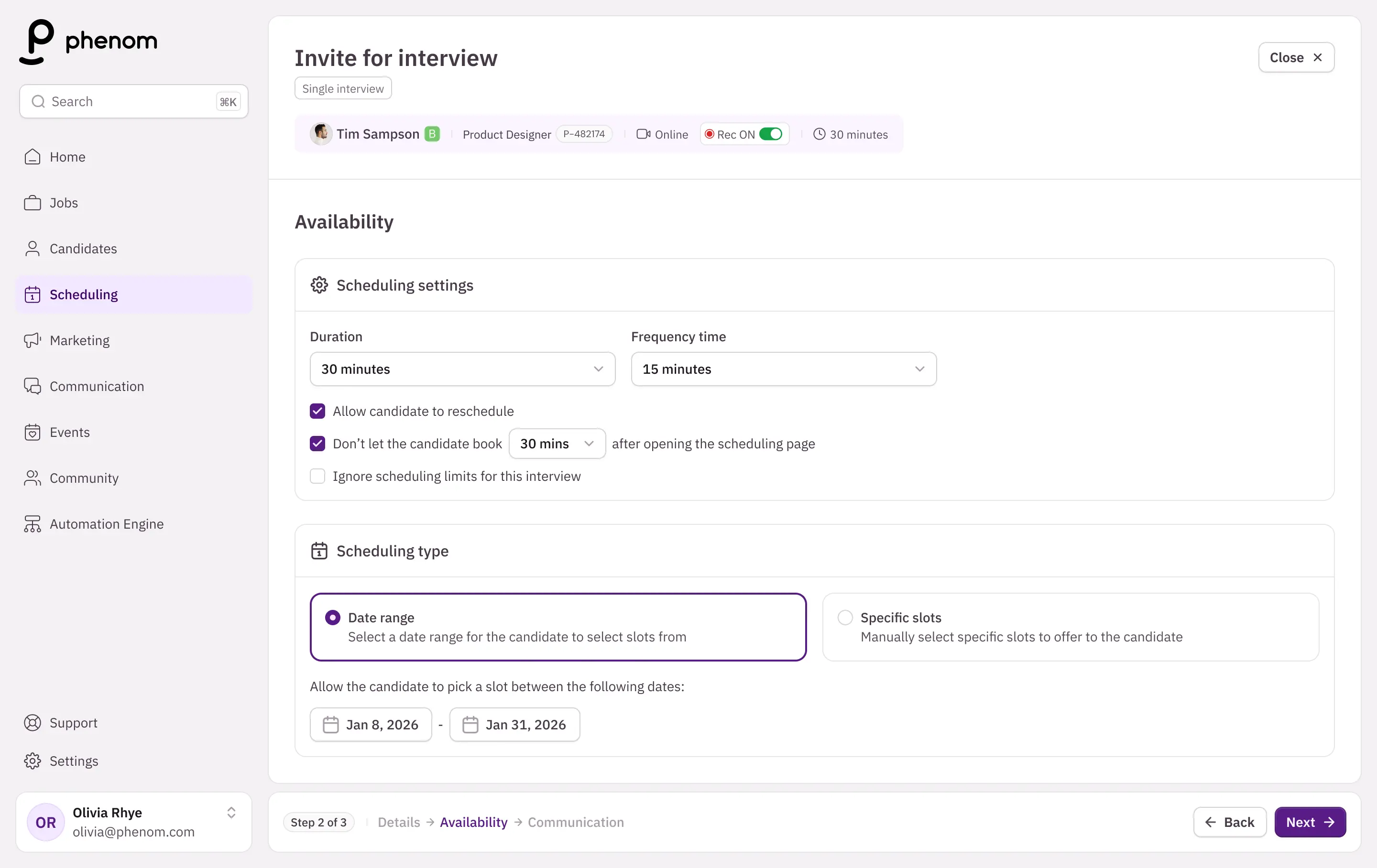 Invite for interview scheduling screen showing availability settings before the invite is sent