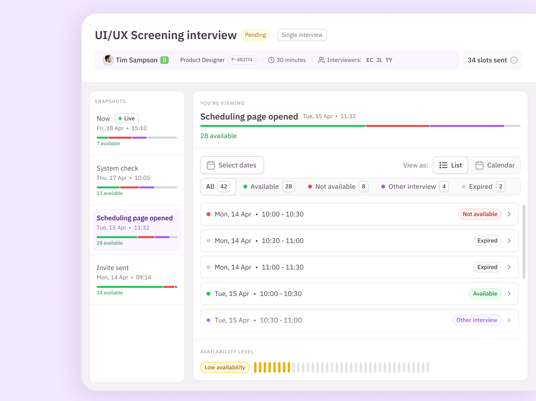 Debug tool snapshot view showing the availability breakdown for a scheduling page opened checkpoint