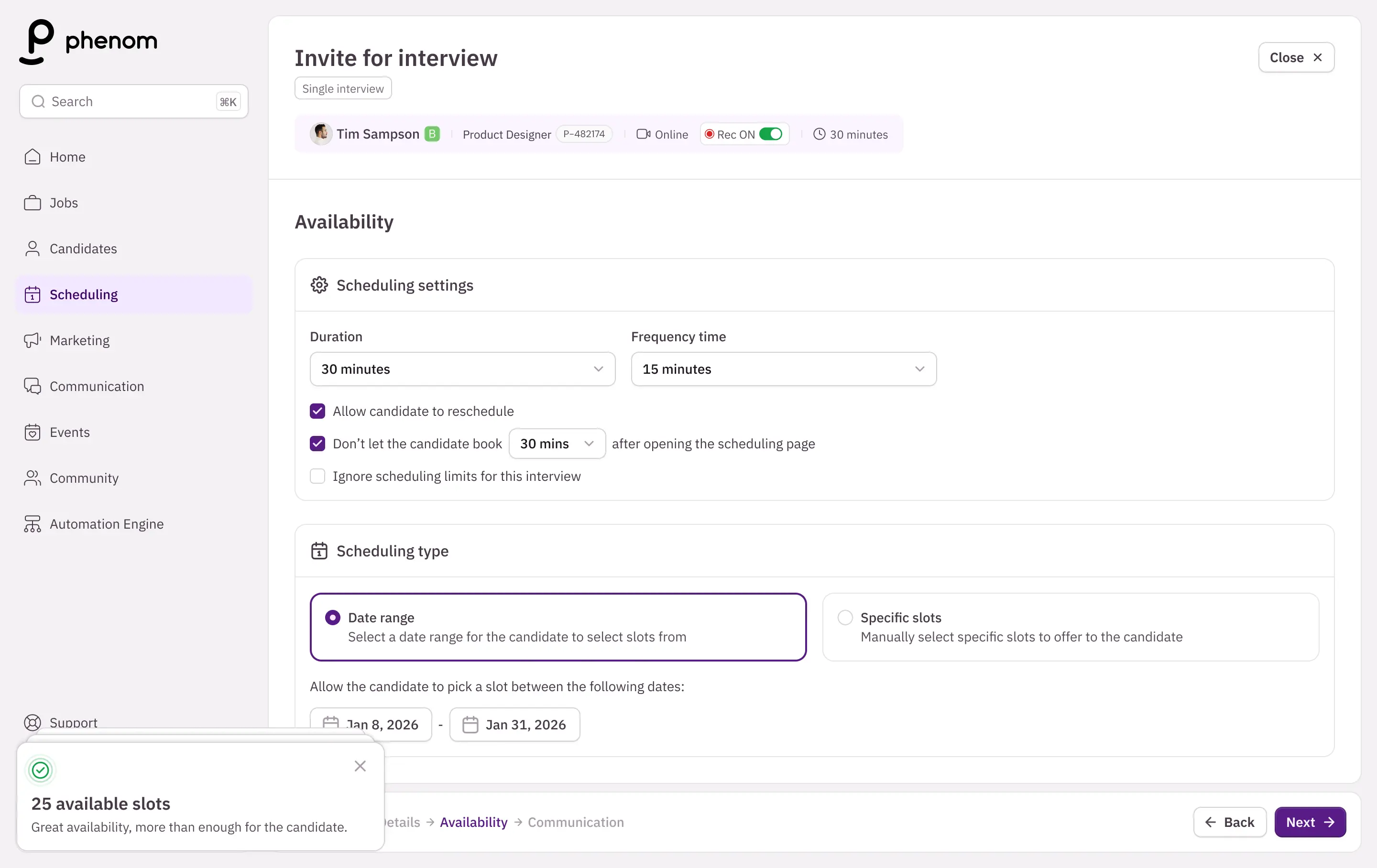 Toast notification prototype showing available slot count after configuring interview availability